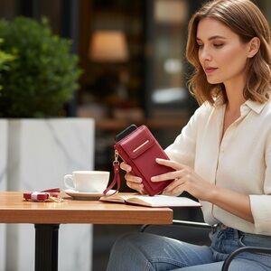 Dasein Crossbody wallet phone purse ruby red pebbled texture gold chain 12 slots